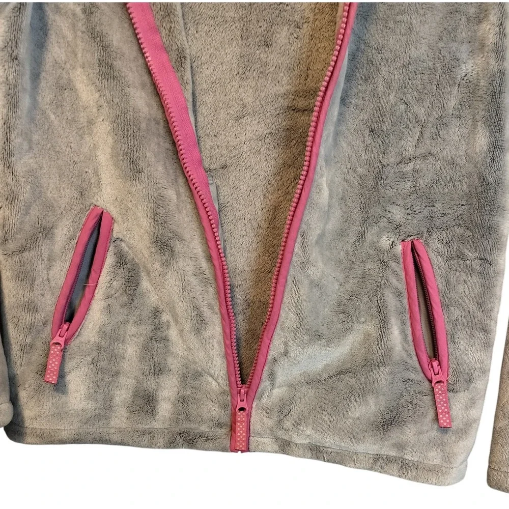 Lands End Girls Soft Fleece Zip‎ Up Hooded Gray &  Pink Jacket Size L 14